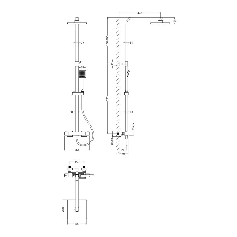 Nuie Windon Brushed Pewter Thermostatic Bar Shower Valve & Rigid Riser Kit