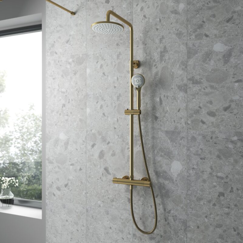 Nuie Brushed Brass Round Thermostatic Bar Shower Valve & Rigid Riser Kit