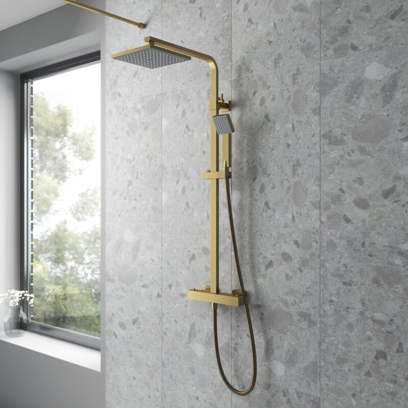 Nuie Brushed Brass Square Thermostatic Bar Shower Valve & Rigid Riser Kit