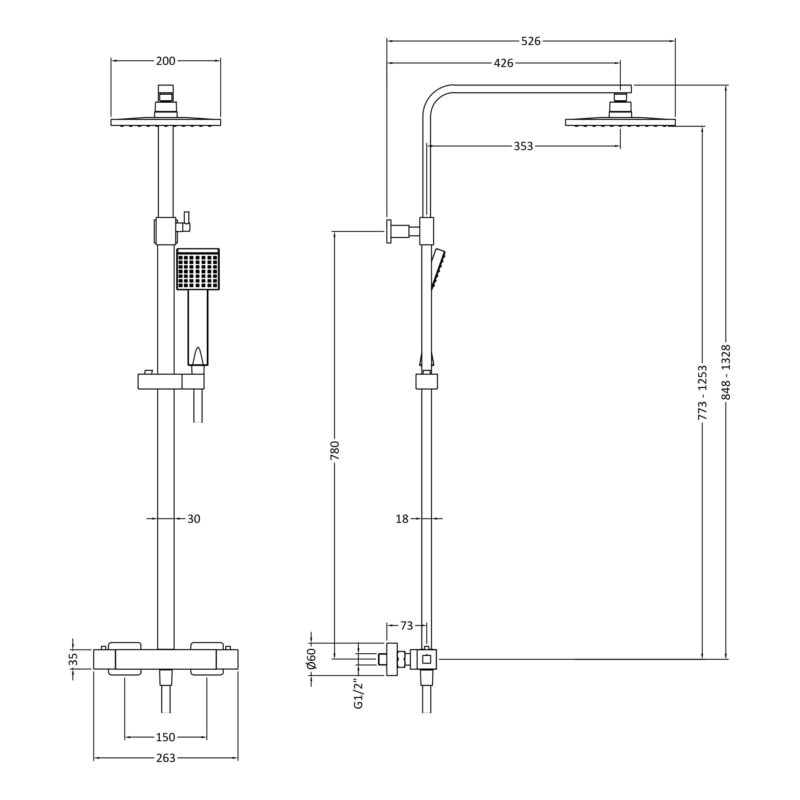 Nuie Brushed Brass Square Thermostatic Bar Shower Valve & Rigid Riser Kit