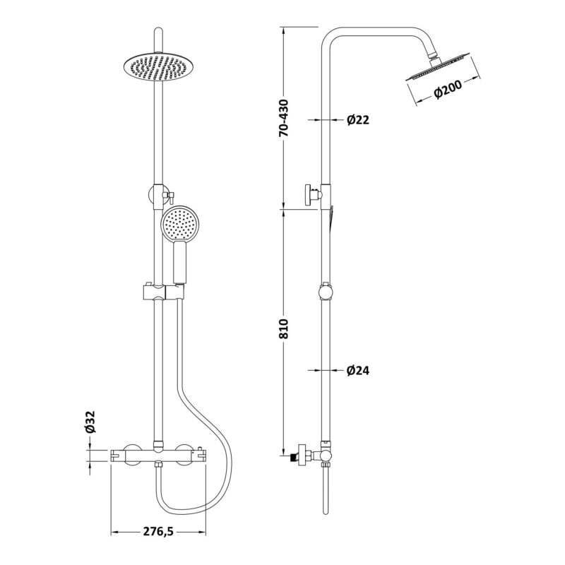 Nuie Brushed Brass Round Dual Outlet Bar Shower Valve & Rigid Riser Kit