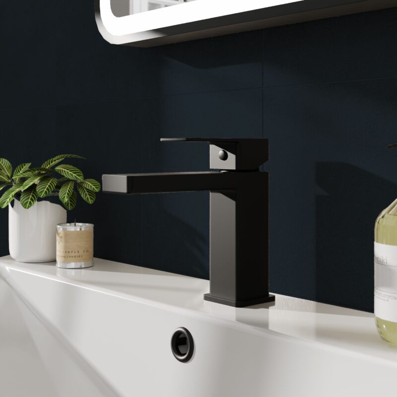 Nuie Kalk Matt Black Mono Basin Mixer with Push Button Waste