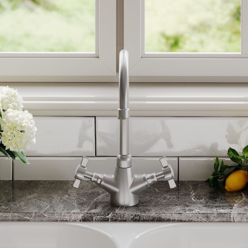 Nuie Traditional Brushed Nickel Kitchen Sink Mixer Crosshead Handles