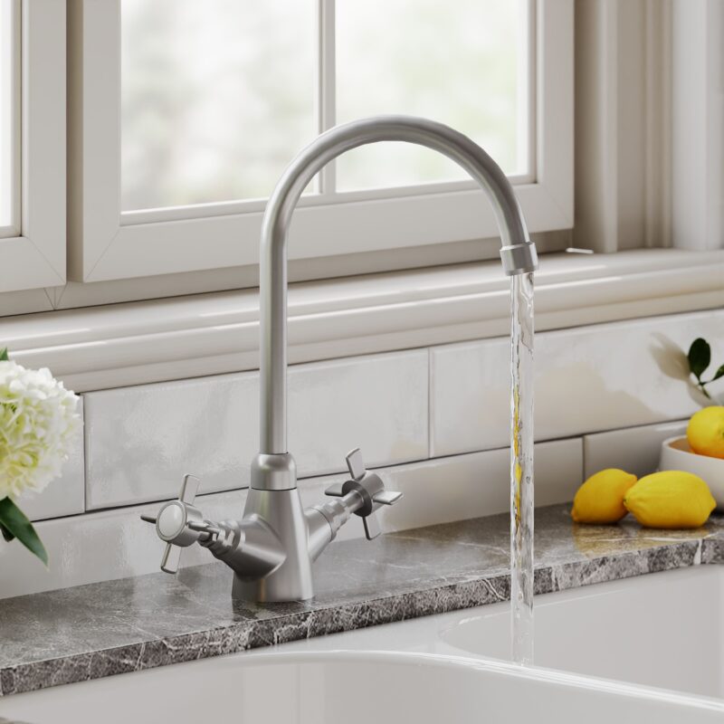 Nuie Traditional Brushed Nickel Kitchen Sink Mixer Crosshead Handles