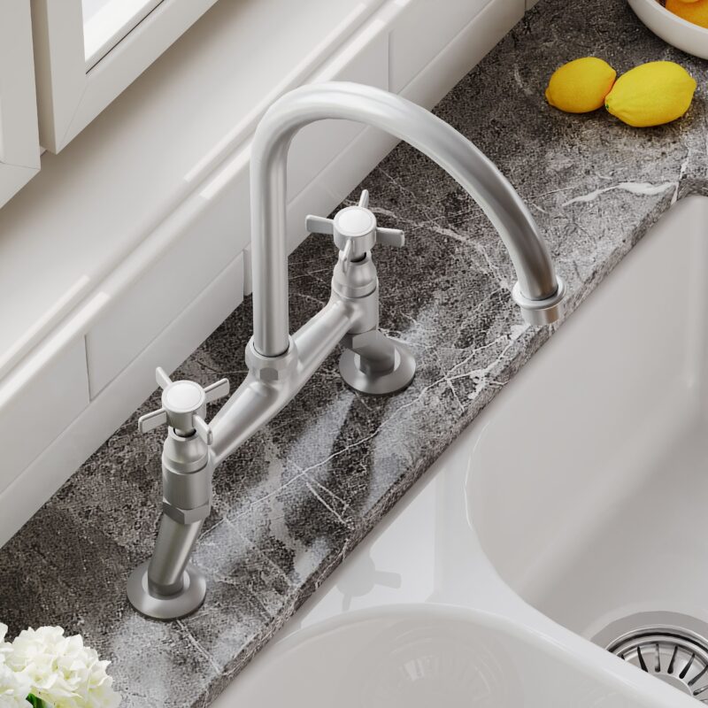 Nuie Traditional Brushed Nickel 2 Hole Bridge Mixer Tap Crosshead Handles