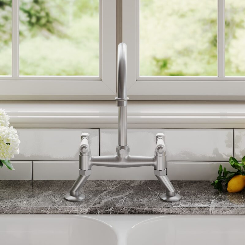 Nuie Traditional Brushed Nickel 2 Hole Bridge Sink Mixer Lever Handles