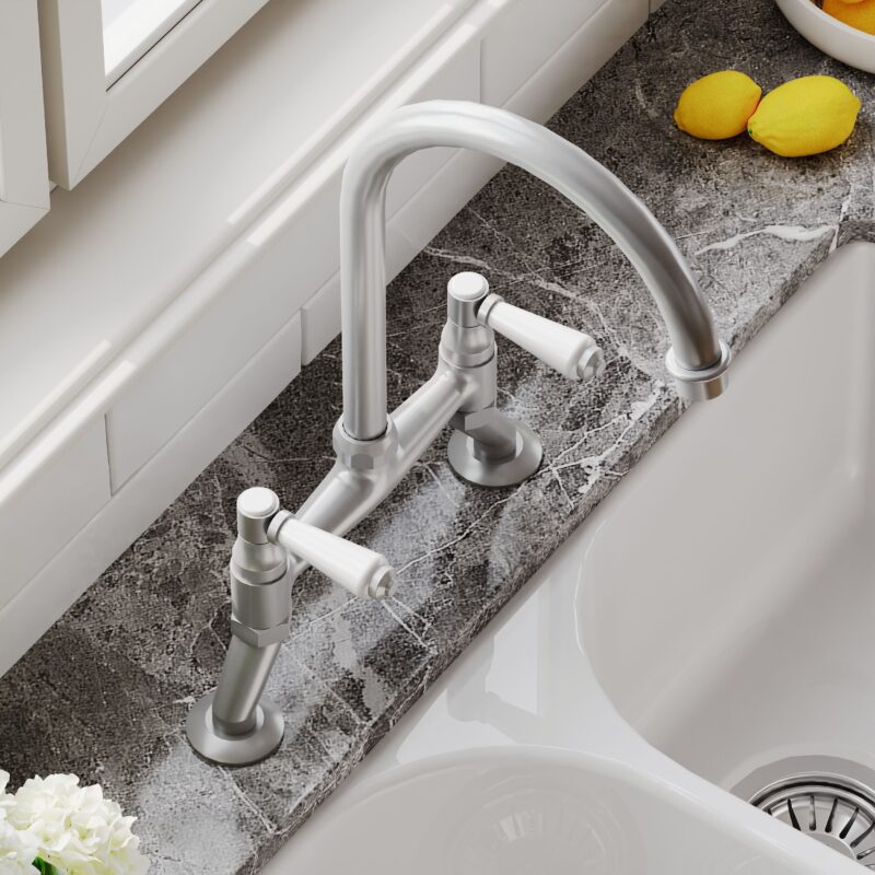 Nuie Traditional Brushed Nickel 2 Hole Bridge Sink Mixer Lever Handles