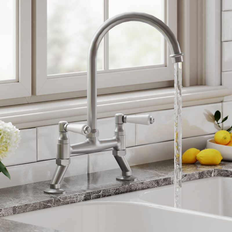 Nuie Traditional Brushed Nickel 2 Hole Bridge Sink Mixer Lever Handles