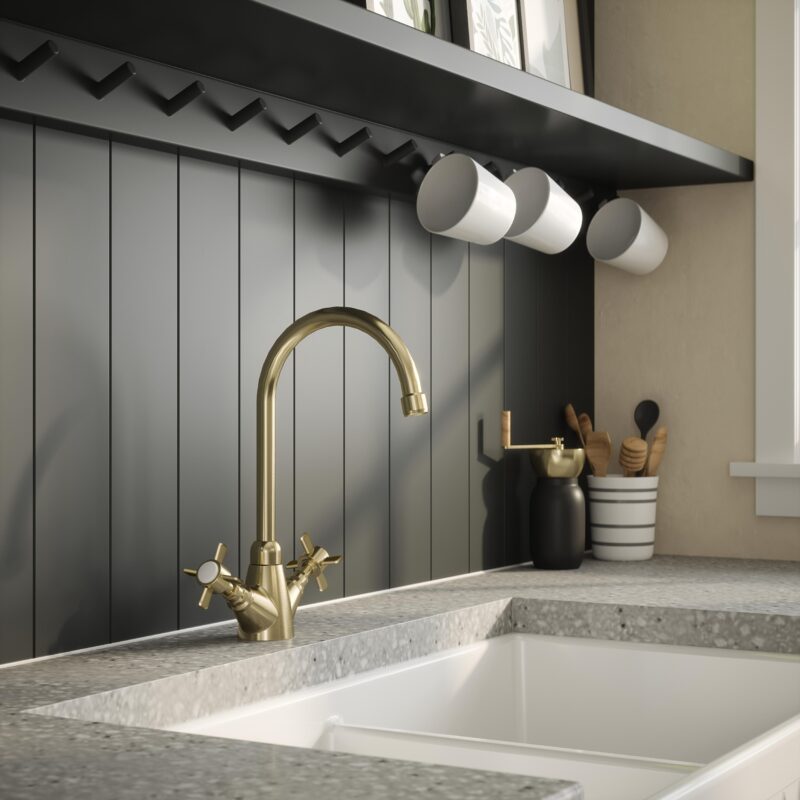 Nuie Traditional Brushed Brass Crosshead Handle Mono Sink Mixer