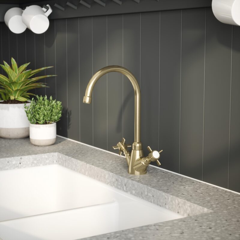Nuie Traditional Brushed Brass Crosshead Handle Mono Sink Mixer