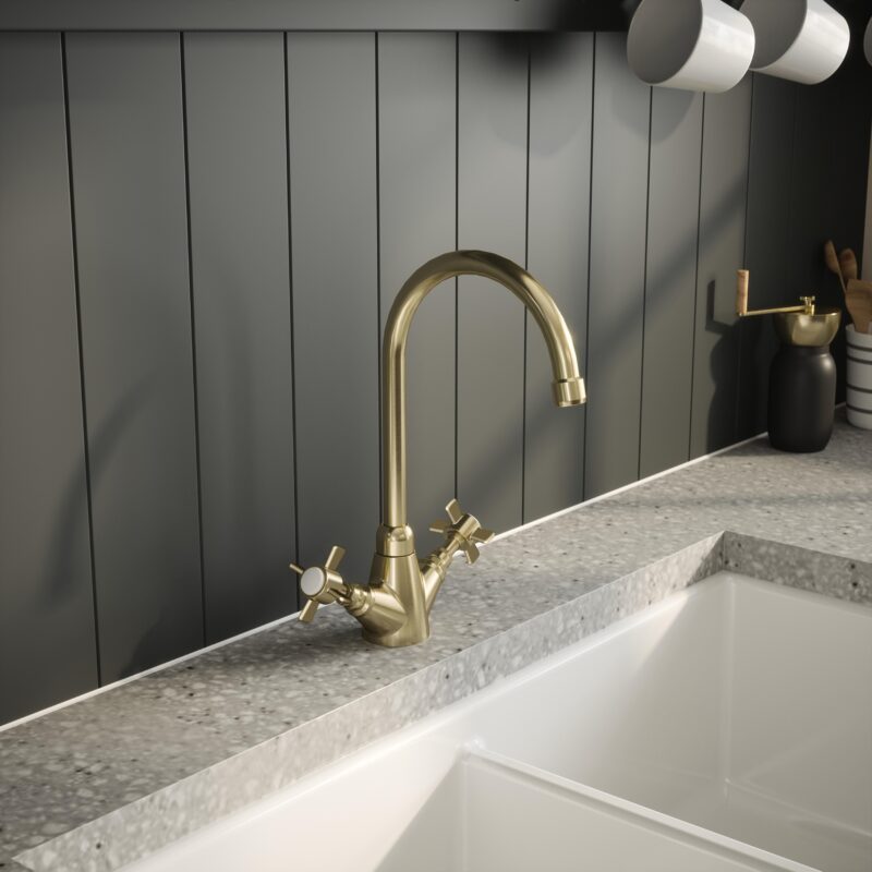 Nuie Traditional Brushed Brass Crosshead Handle Mono Sink Mixer