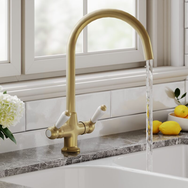 Nuie Traditional Brushed Brass Lever Handle Mono Sink Mixer