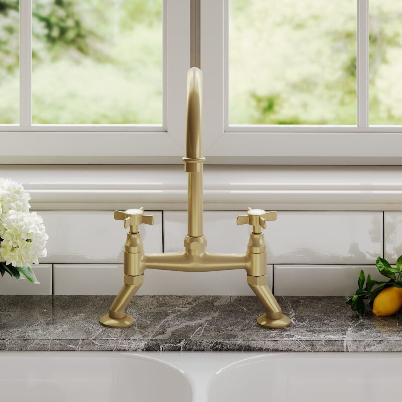 Nuie Traditional Brushed Brass 2 Hole Bridge Sink Mixer Crosshead Handles