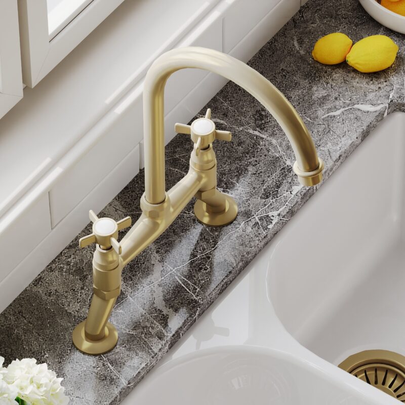 Nuie Traditional Brushed Brass 2 Hole Bridge Sink Mixer Crosshead Handles