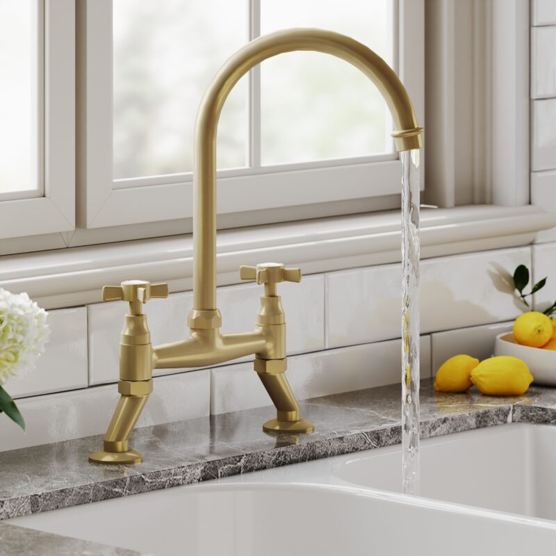 Nuie Traditional Brushed Brass 2 Hole Bridge Sink Mixer Crosshead Handles