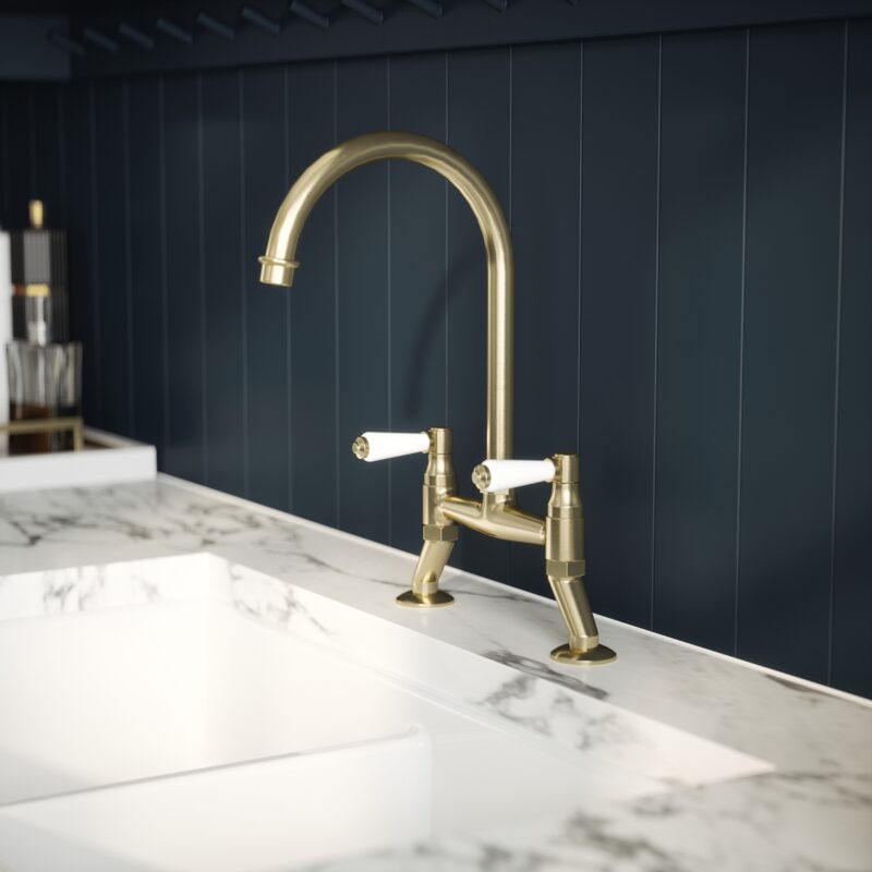 Nuie Traditional Brushed Brass 2 Hole Bridge Mixer Tap Lever Handles