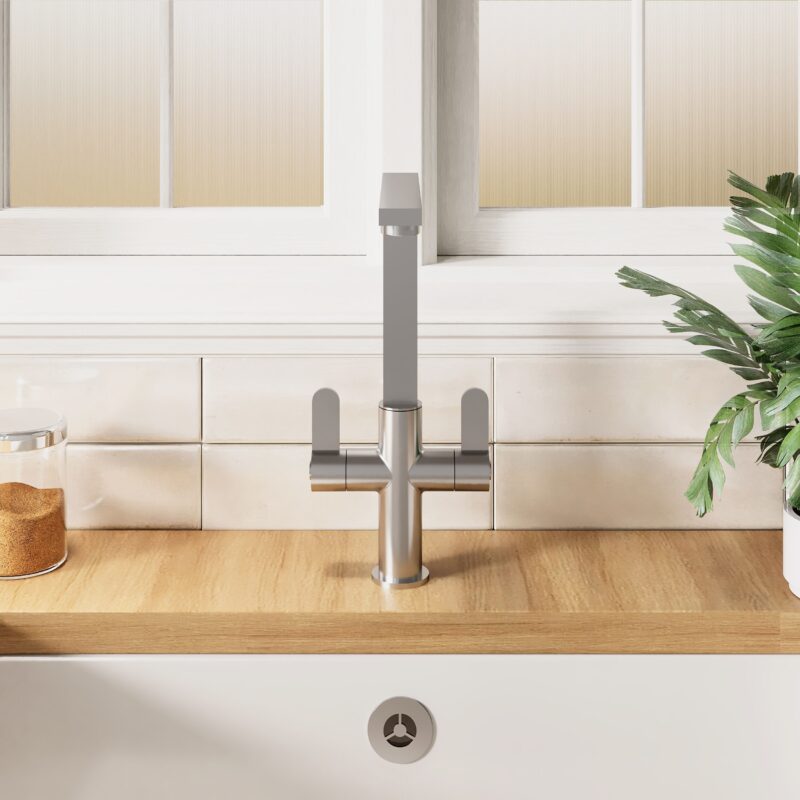 Nuie Churni Brushed Nickel Twin Lever Mono Sink Mixer