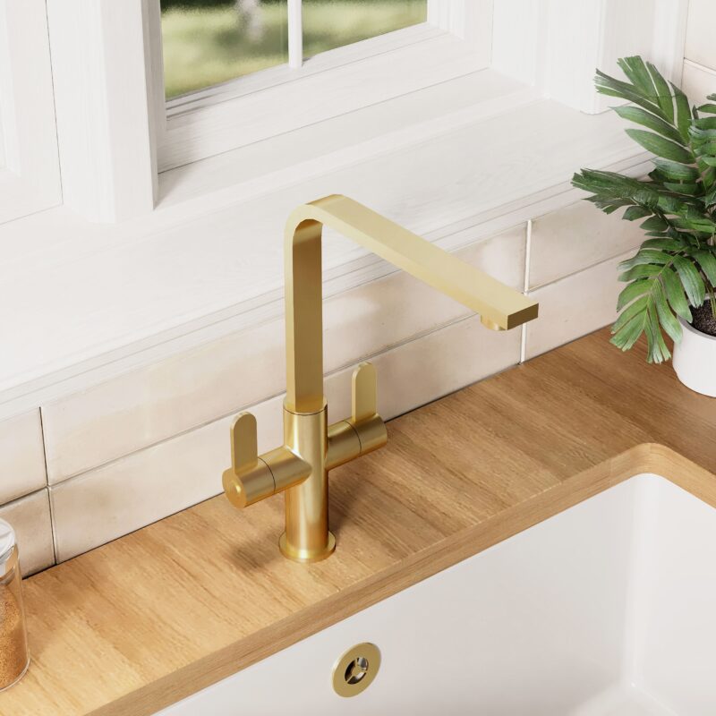 Nuie Churni Brushed Brass Twin Lever Mono Sink Mixer