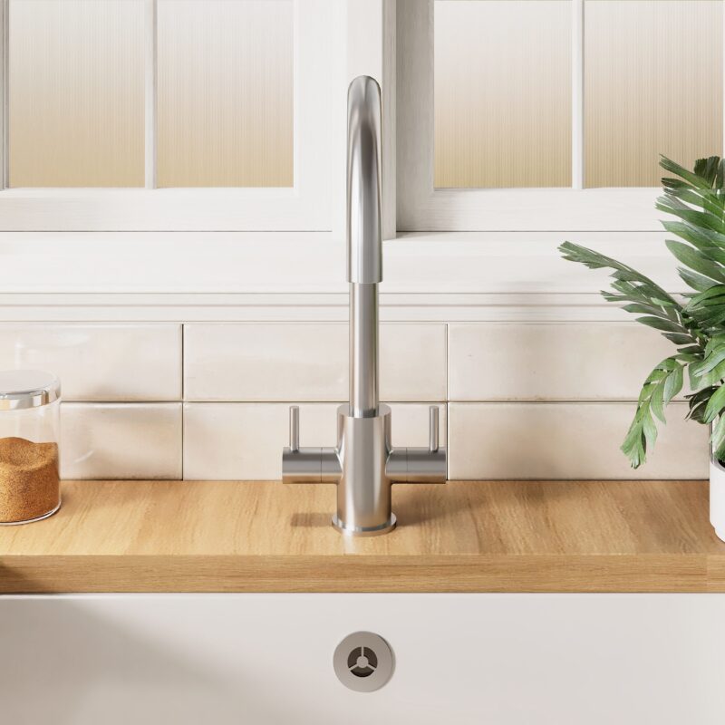 Nuie Lachen Brushed Nickel Twin Lever Mono Kitchen Sink Mixer