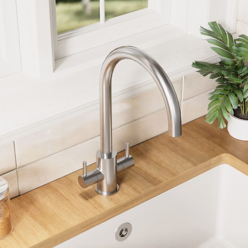 Nuie Lachen Brushed Nickel Twin Lever Mono Kitchen Sink Mixer