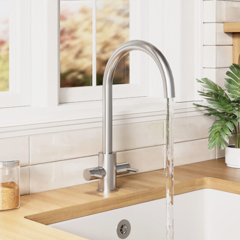 Nuie Lachen Brushed Nickel Twin Lever Mono Kitchen Sink Mixer