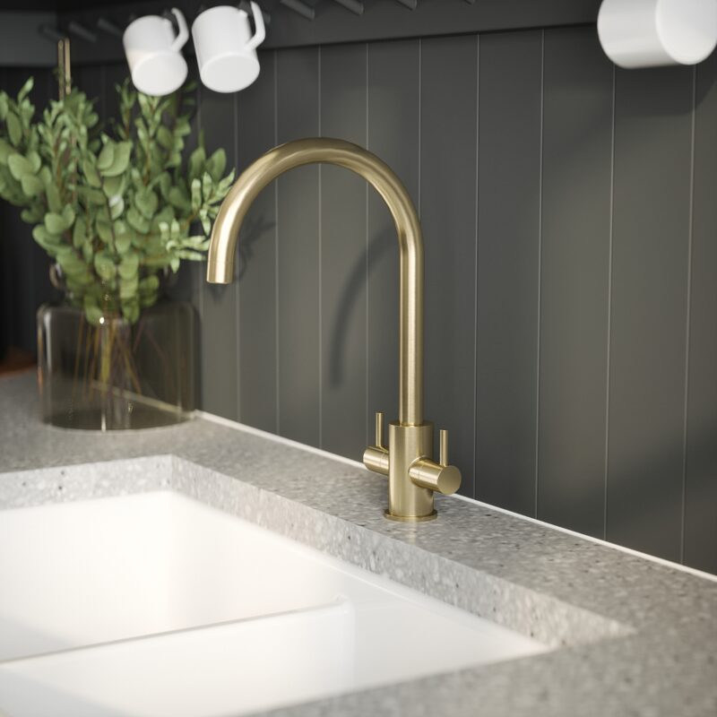 Nuie Lachen Brushed Brass Twin Lever Mono Kitchen Sink Mixer