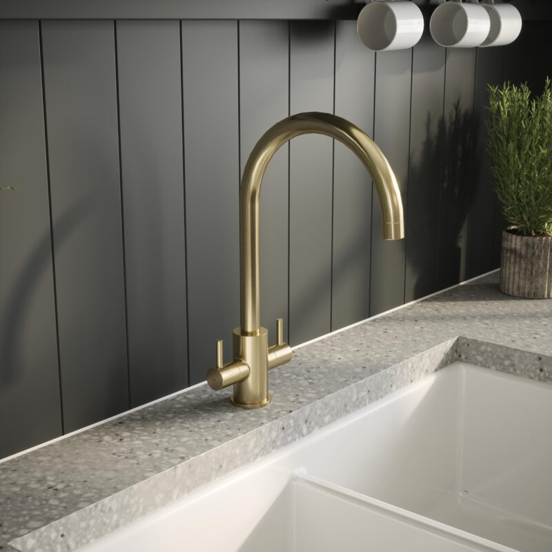 Nuie Lachen Brushed Brass Twin Lever Mono Kitchen Sink Mixer