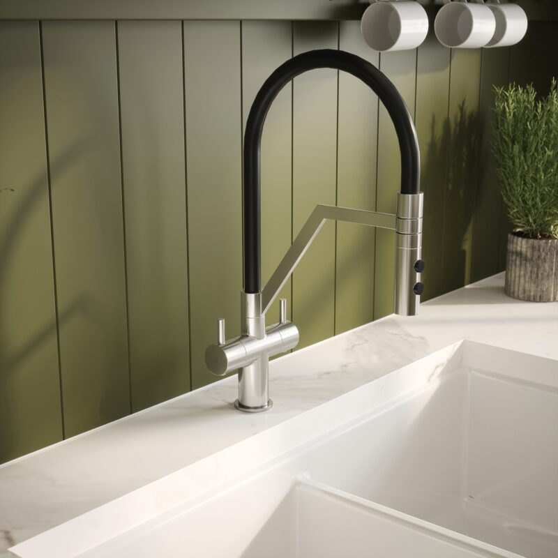 Nuie Ravi Chrome Twin Lever Round Mono Sink Mixer Tap & Rinser
