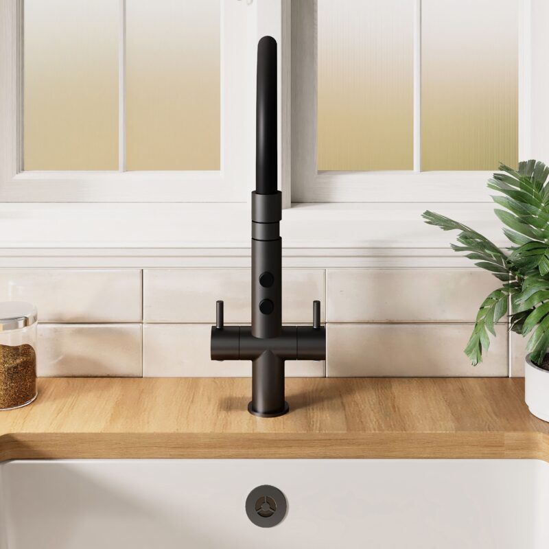 Nuie Ravi Matt Black Twin Lever Round Mono Sink Mixer Tap & Rinser
