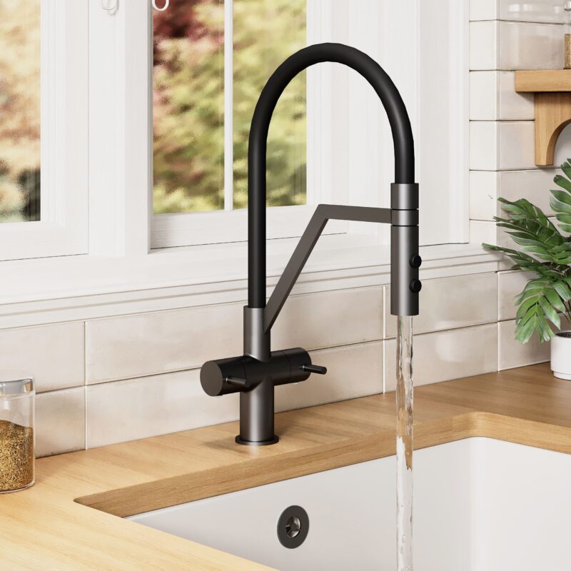 Nuie Ravi Matt Black Twin Lever Round Mono Sink Mixer Tap & Rinser