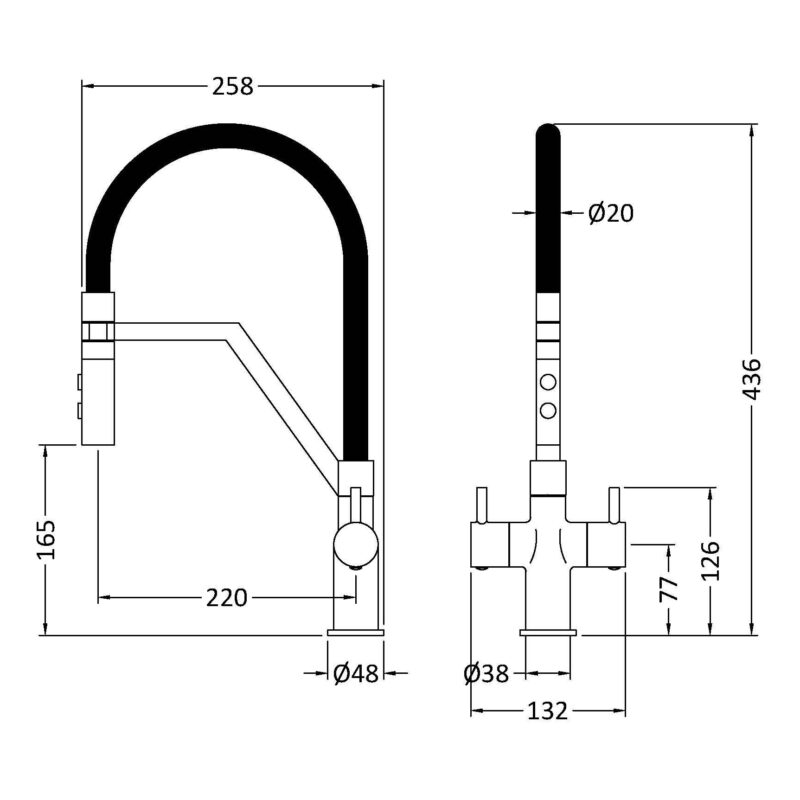 Nuie Ravi Matt Black Twin Lever Round Mono Sink Mixer Tap & Rinser