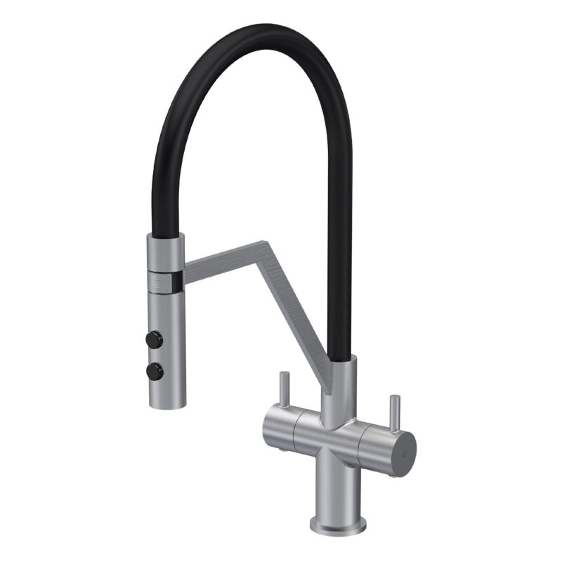 Nuie Ravi Brushed Nickel Twin Lever Round Mono Sink Mixer Tap & Rinser