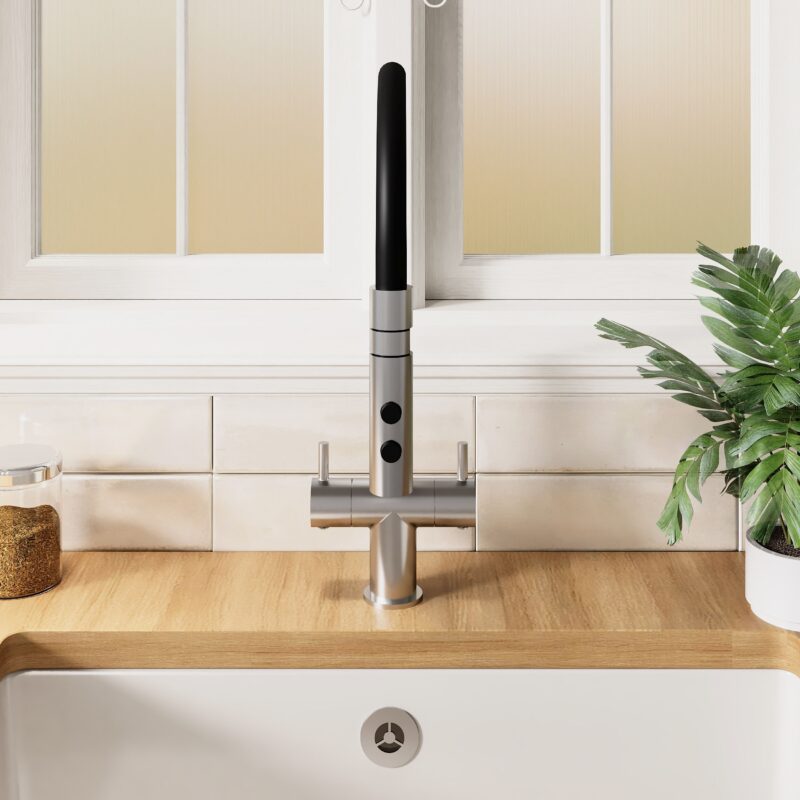 Nuie Ravi Brushed Nickel Twin Lever Round Mono Sink Mixer Tap & Rinser