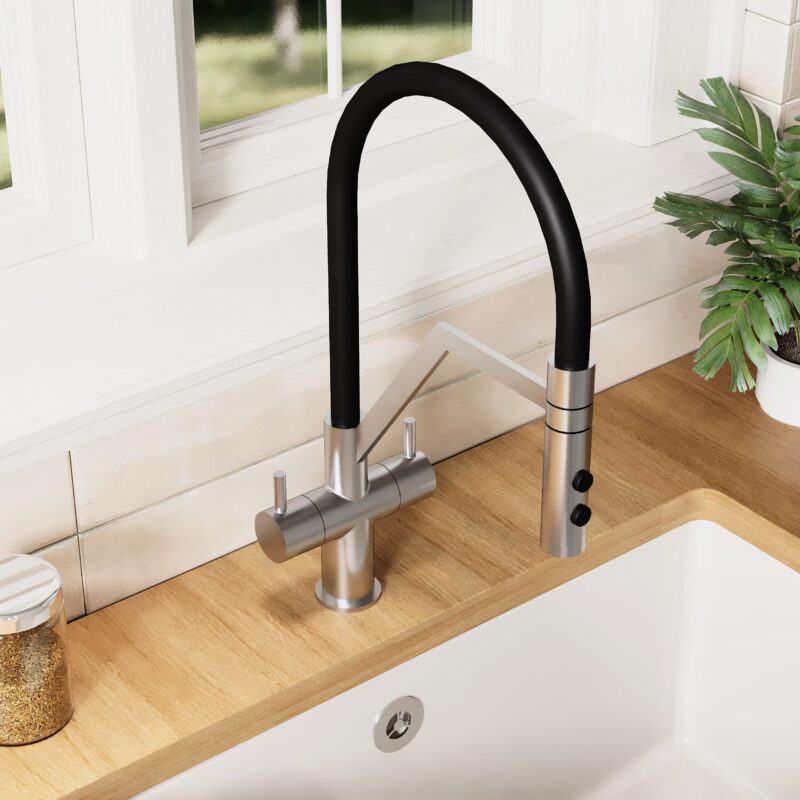 Nuie Ravi Brushed Nickel Twin Lever Round Mono Sink Mixer Tap & Rinser