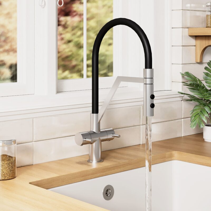 Nuie Ravi Brushed Nickel Twin Lever Round Mono Sink Mixer Tap & Rinser
