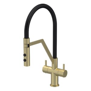 Nuie Ravi Brushed Brass Twin Lever Round Mono Sink Mixer Tap & Rinser