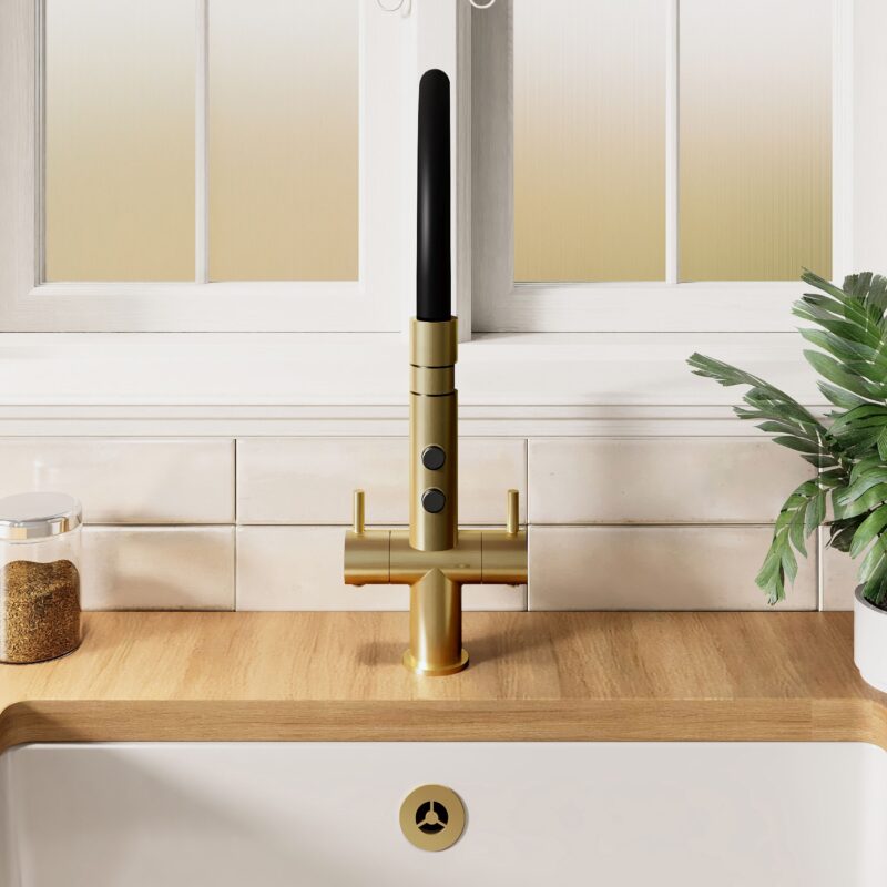 Nuie Ravi Brushed Brass Twin Lever Round Mono Sink Mixer Tap & Rinser