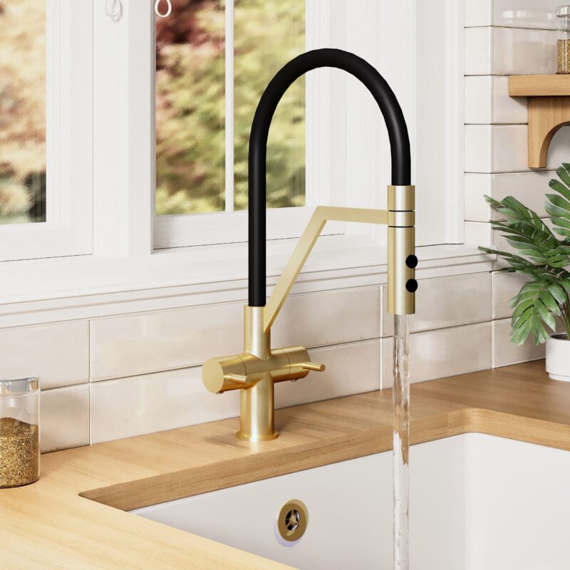 Nuie Ravi Brushed Brass Twin Lever Round Mono Sink Mixer Tap & Rinser