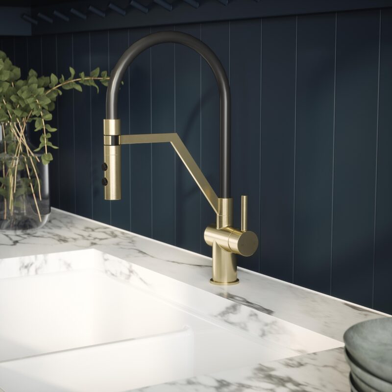 Nuie Ravi Brushed Brass Single Lever Round Mono Sink Mixer Tap & Rinser