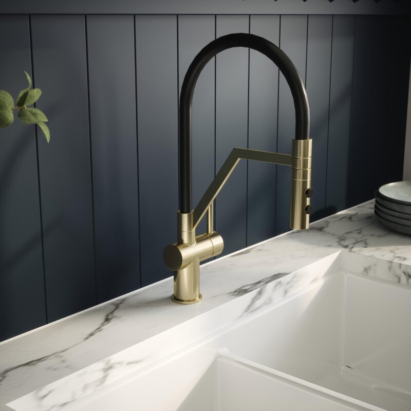 Nuie Ravi Brushed Brass Single Lever Round Mono Sink Mixer Tap & Rinser