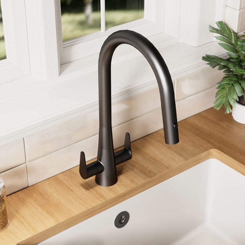 Nuie Samir Matt Black Twin Lever Kitchen Mono Sink Mixer