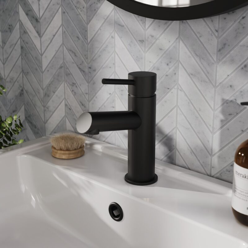 Nuie Navala Matt Black Mono Basin Mixer with Push Button Waste