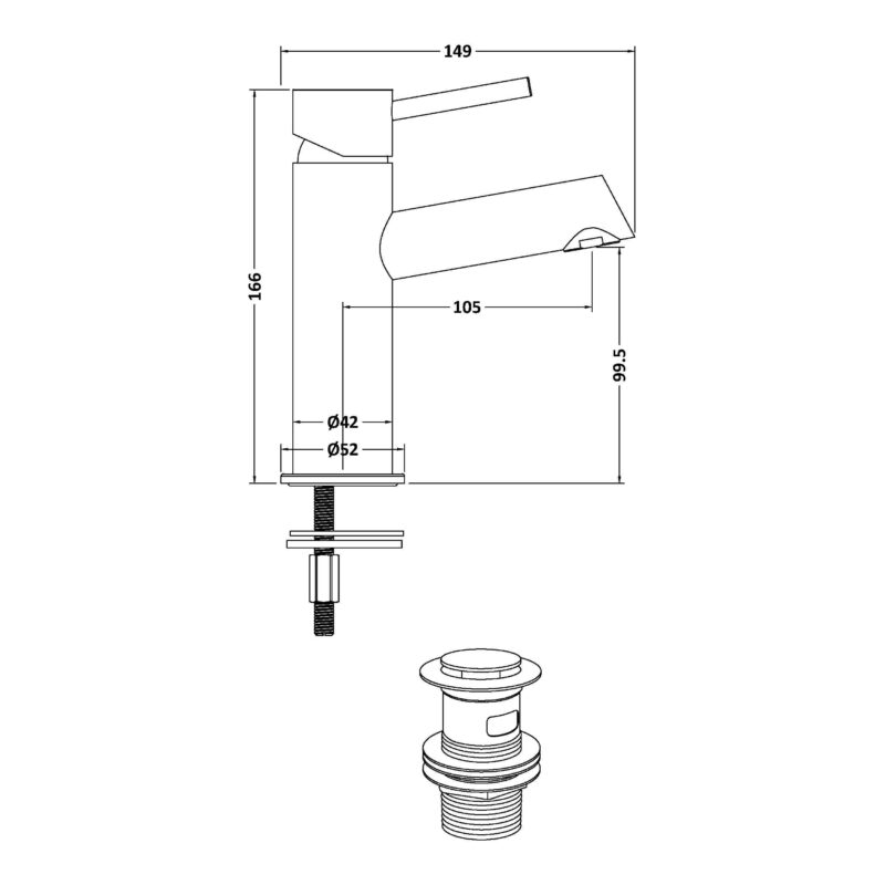 Nuie Navala Matt Black Mono Basin Mixer with Push Button Waste
