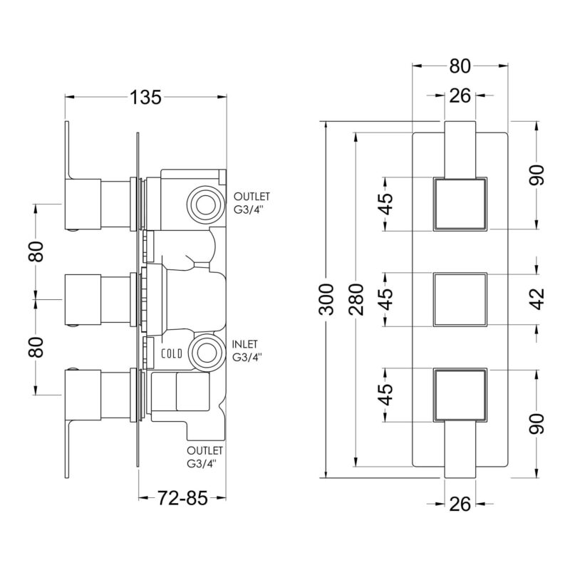 Nuie Sanford Chrome Triple Thermostatic Shower Valve with Diverter