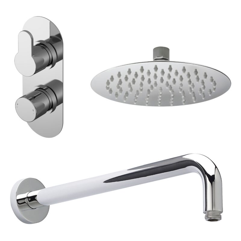 Nuie Arvan Twin Thermostatic Valve, Wall Shower Arm & Fixed Head Nuie Arvan Twin Thermostatic Valve, Wall Shower Arm & Fixed Head