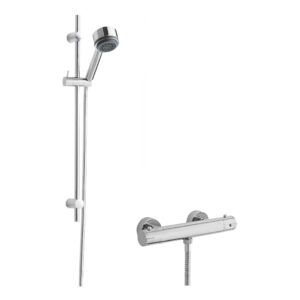 Nuie Chrome Thermostatic Round Bar Valve & Linear Slide Rail Shower Kit