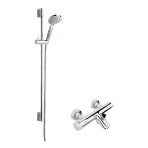 Nuie Chrome Thermostatic Wall Bath Shower Mixer & Slimline Slide Rail Kit
