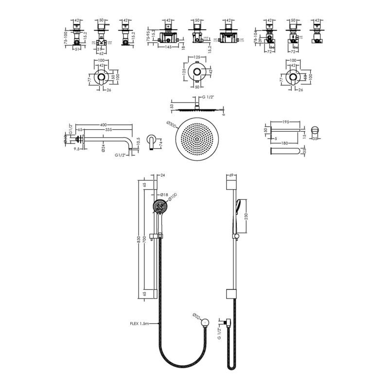 Nuie Arvan Chrome Thermostatic Shower with Shower Kit, Fixed Head & Bath Spout