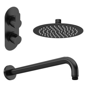 Nuie Arvan Matt Black Twin Thermostatic Shower Valve, Arm & Fixed Head