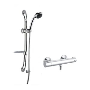 Nuie Chrome Round Bar Shower Valve & Curved Slide Rail Kit
